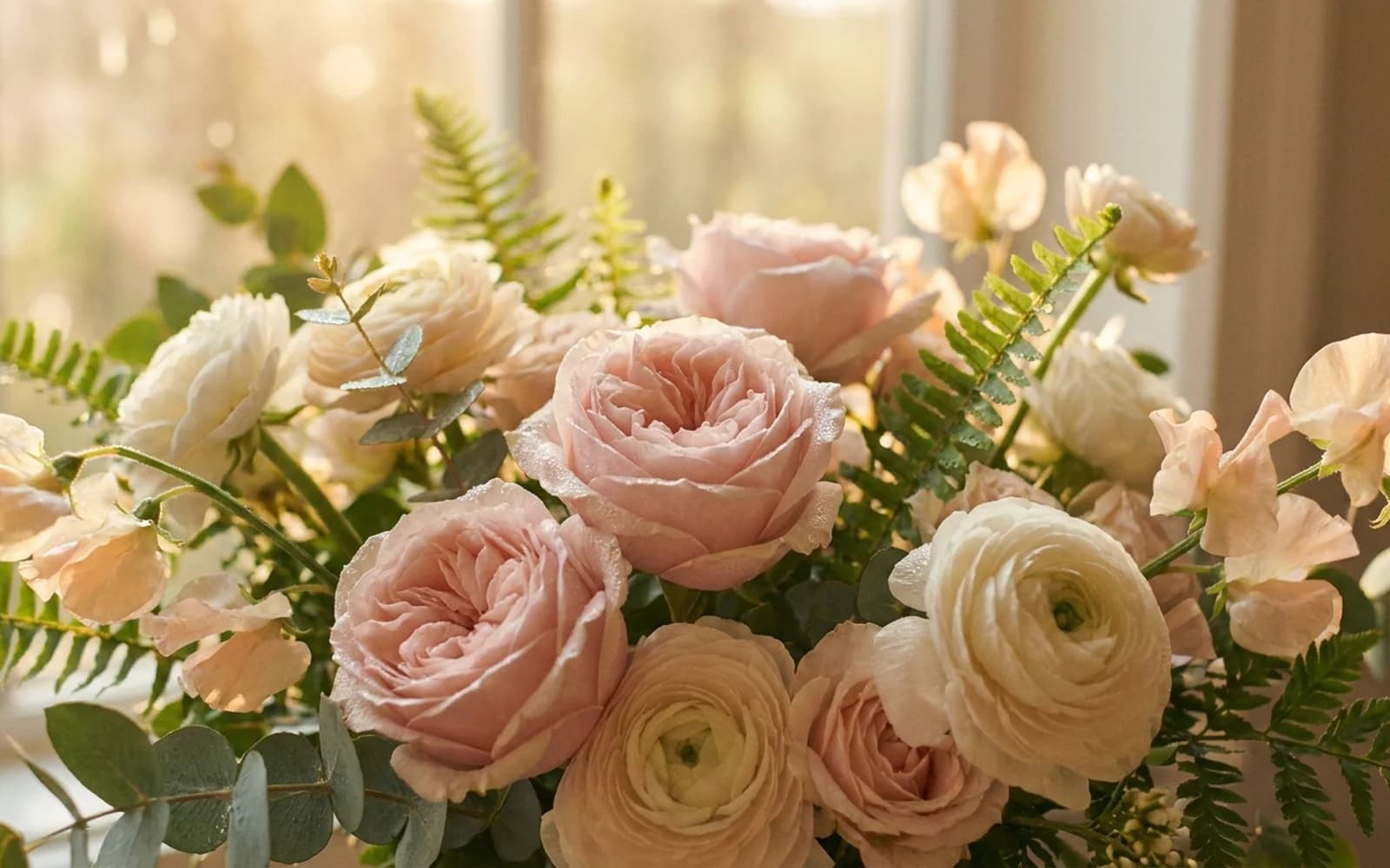 A close-up of soft, romantic seasonal wedding blooms