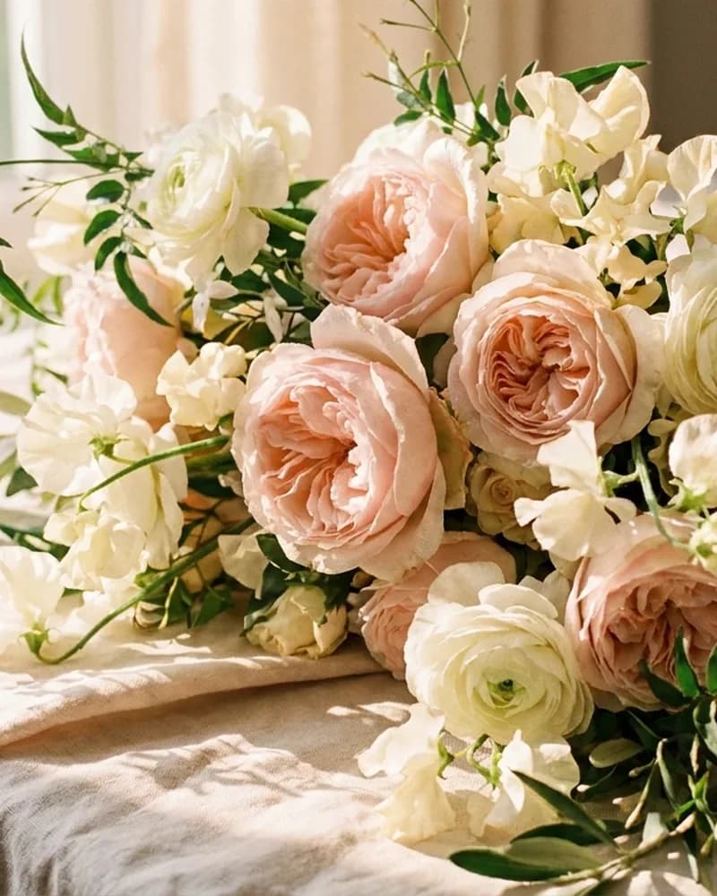 A lavish Adelaide wedding bouquet in soft golden light