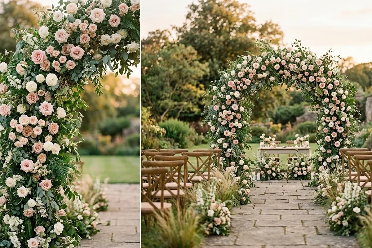 A floral ceremony arbour in blush and white roses with greenery